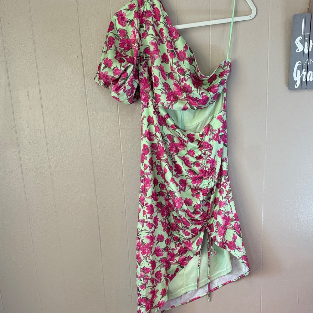 One-Shoulder Floral Ruched Mini Dress in Light Green and Hot Pink